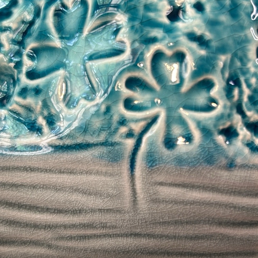 Vintage Ceramic Planter Blue & Gray Embossed Floral Clover Abstract Oval Glazed - Picture 9 of 9